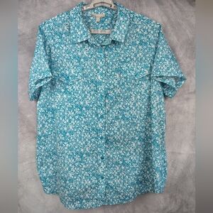 Woman Within 1X Size 22/24 Turquoise Floral Button Down Shirt